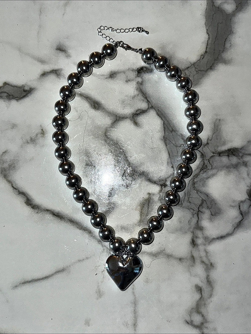 Oversized Chrome Beaded Necklace with Heart Pendant
